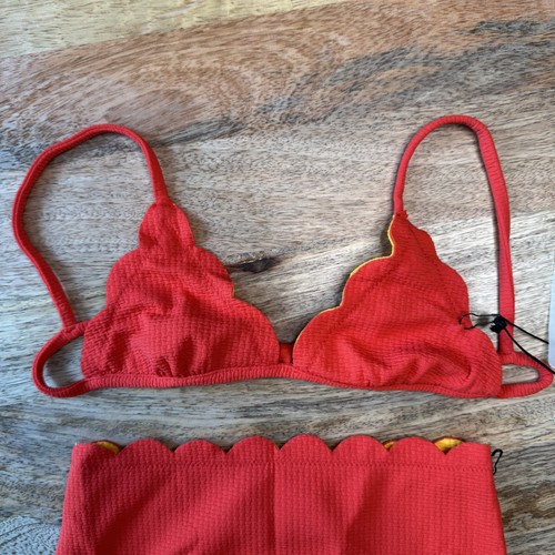 Marysia Bikini Swimsuit Girls Sz 4 Red Yellow Reversible Scallop Eco Swimclean - Picture 2 of 21