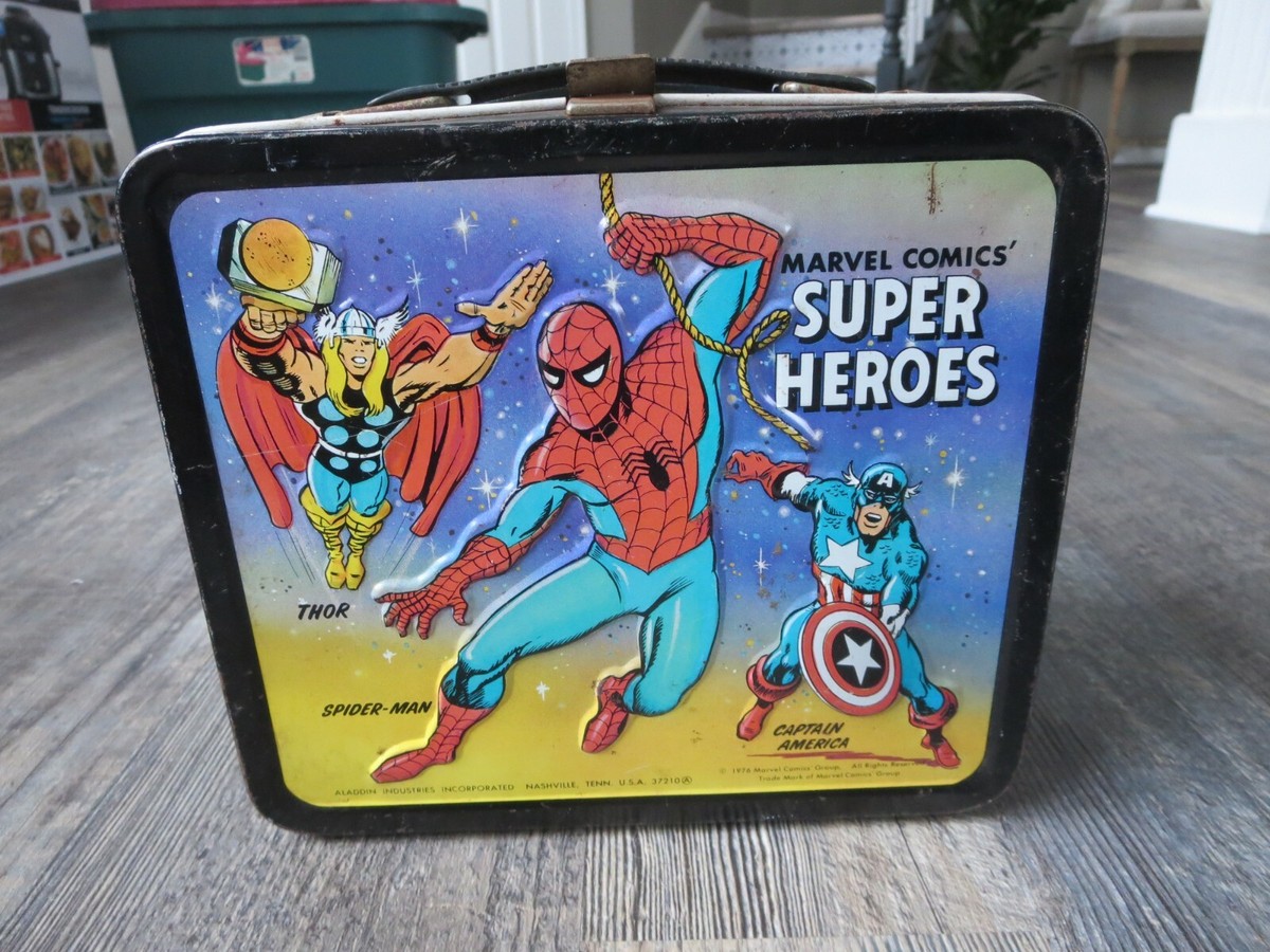 Vintage 1976 Super Heroes Marvel Metal Lunch Box With Thermos