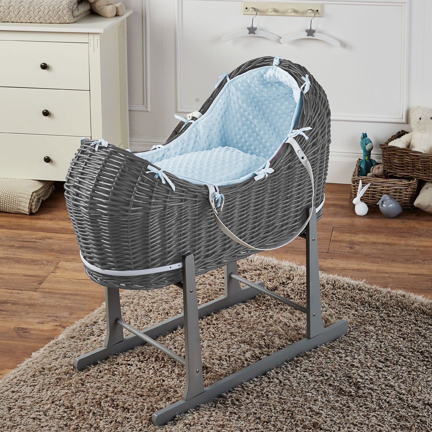 Baby Moses Basket Pod Blue Dimple Bedding and Mattress Grey Wicker