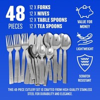 48PC CUTLERY SET KITCHEN STAINLESS STEEL TABLEWARE SPOON FORK FOOD DINING