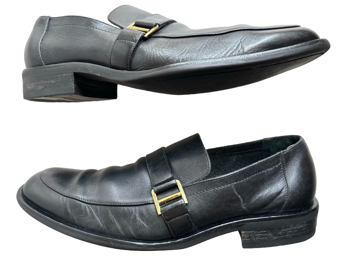 GUCCI Slip On Loafers Gold Buckle & Black Strap Leather 