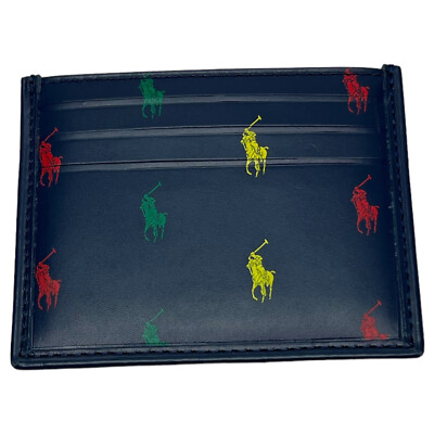 Polo Ralph Lauren Navy Green Red Leather Wallet Slim Card Case Pony Print $75