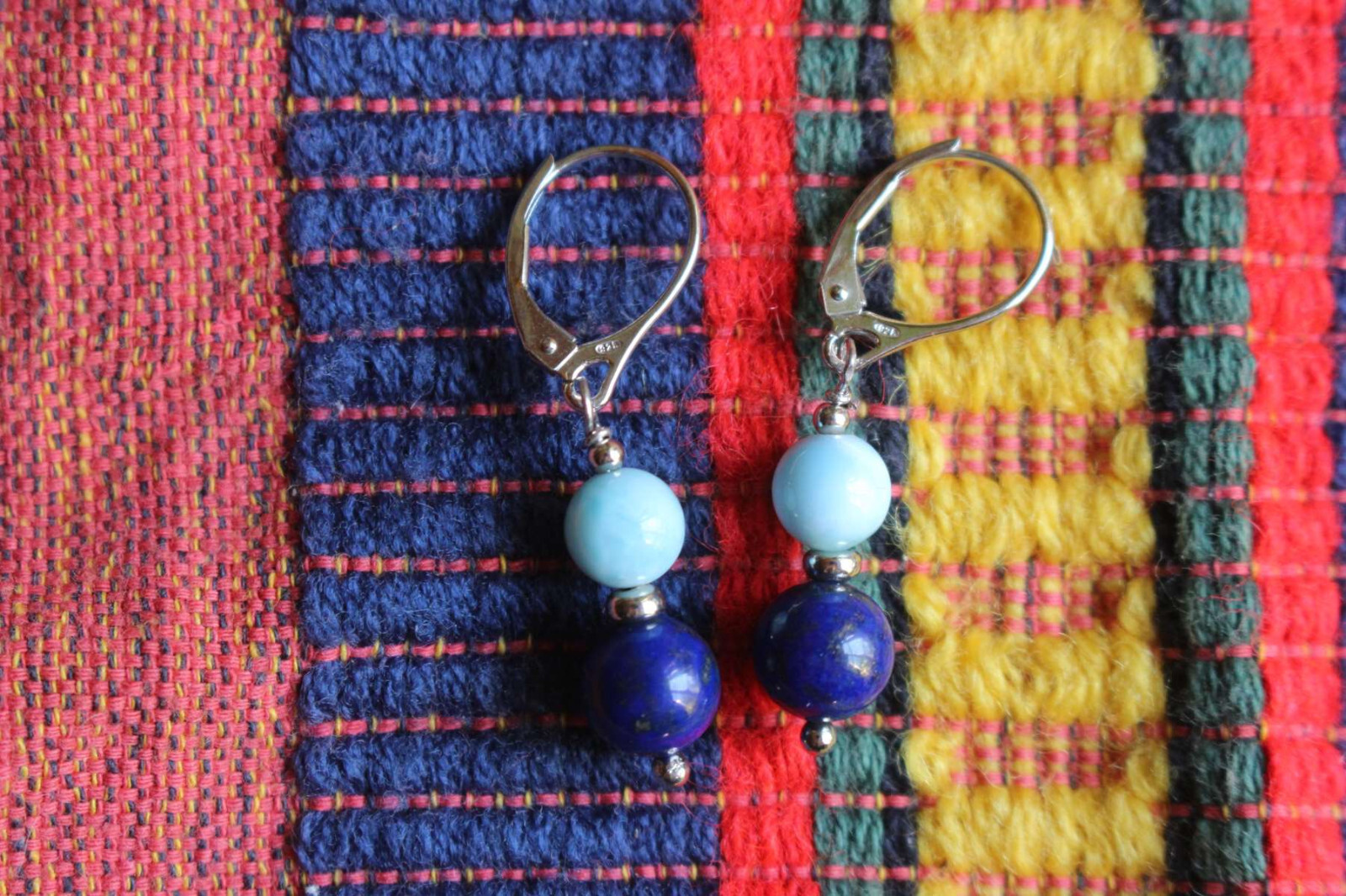 Boucles d'oreilles argent 925 en larimar véritable et lapis-lazuli précieux