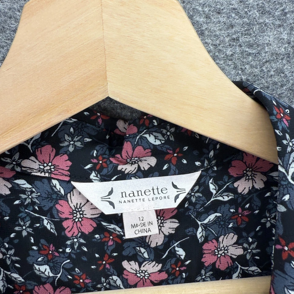 Vestido Camisa Nanette Lepore Mujer 12 Negro Floral Midi Cinturón Cuello Sin Mangas Foto 3 de 4