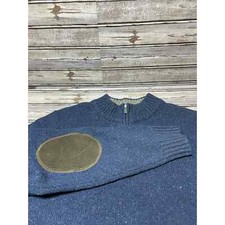 LL Bean 1/4 Zip Sweater Shetland Wool Elbow Patches Blue Size Large