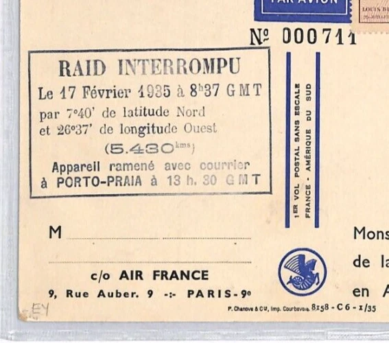 FRANCE Art 1935 Card AIR FRANCE *RAID INTERROMPU* Cachet CAPE VERDE Praia YZ130 - Image 4 of 4