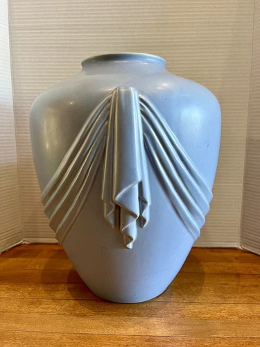 Vintage 1972 Large Weller Pottery Blue Matte Art Deco Vase