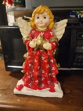 Vintage Paper Mache Wood Christmas Heart Angel, Red & Gold 15" Tall
