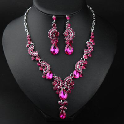Women Statement Crystal Rhinestone Necklace Earrings Jewelry Sets Bridal Wedding