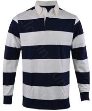 Mens Long Sleeve Rugby Polo Button Shirt Collared Striped Top Cotton M -3XL