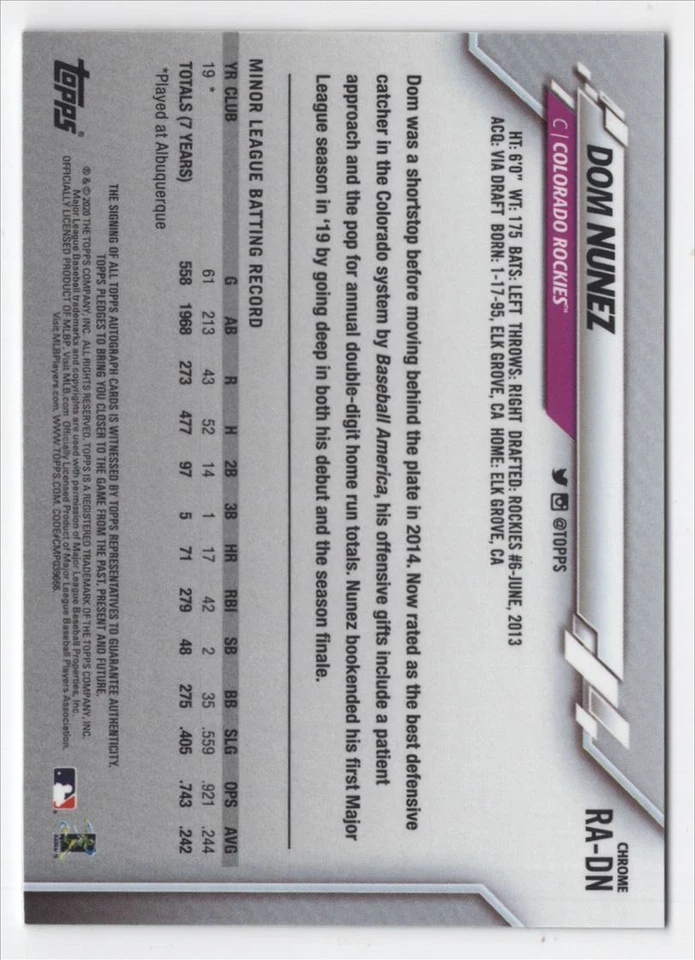 2020 Topps Chrome Rookie Autographs Dom Nunez Auto Colorado Rockies #RA-DN - Image 2 of 2