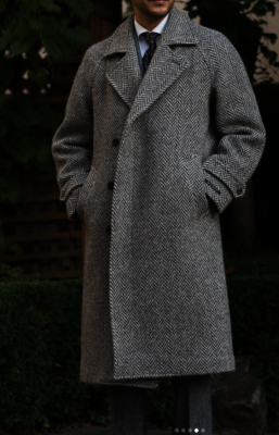 Herringbone Wool Men's Long Tweed Overcoat Single-Breasted Winter