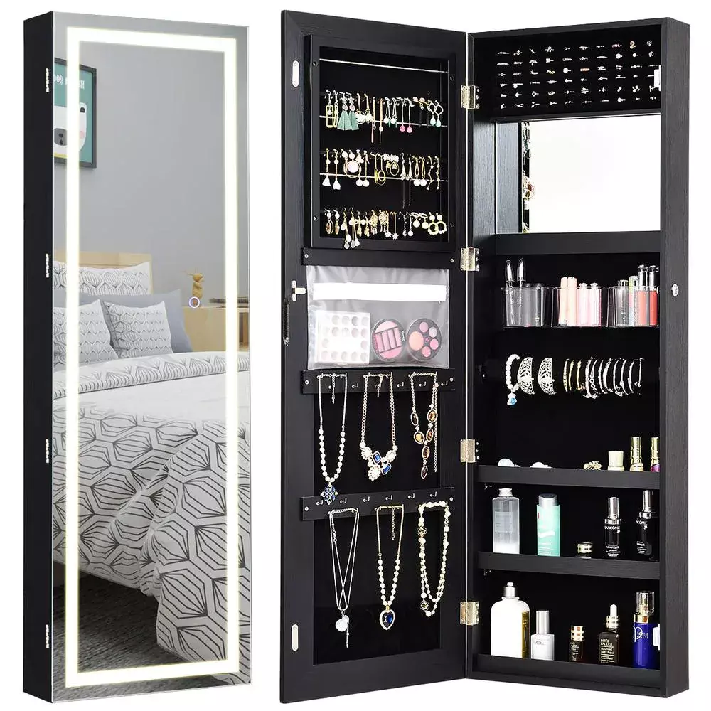 Door wall mount touch screen mirrored jewelry cabinet deals
