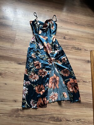Shein floral satin teal orange floral midi split leg dress | eBay UK