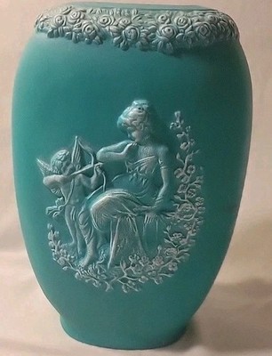 RARE Vintage English CUPID & LADY FLOWERS Porcelain GREEN Vase Collectable