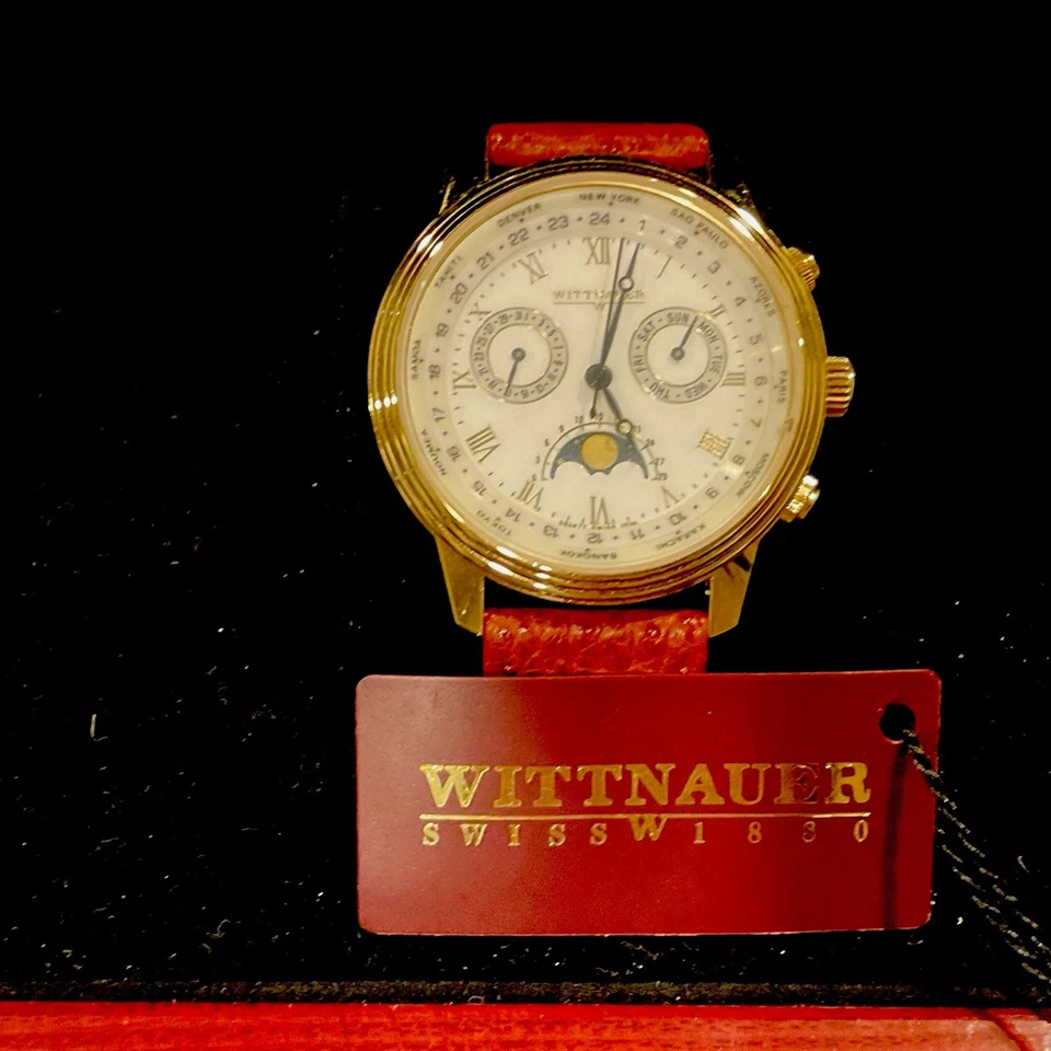 Reloj Wittnauer Vintage Raro Años 80 Tono Dorado 1539 Fase Lunar Día Fecha Con Caja Foto 2 de 4