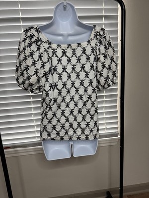LOFT Black & White Embroidered Eyelet Top - Trendy Puff Sleeve Blouse Size M