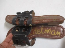 SAM EDELMAN Black Leather Strappy Slides Gold Logo Charm flats slides sz 9