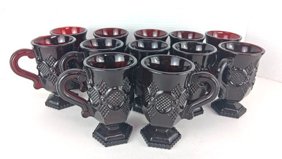Vtg Avon 1876 Cape Cod Ruby Red Glass Pedestal Coffee Mugs 6 oz 5'' H Set of 12