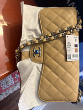 CHANEL Classic Double Flap  Jambo Beige Caviar Quilted Leather Chain