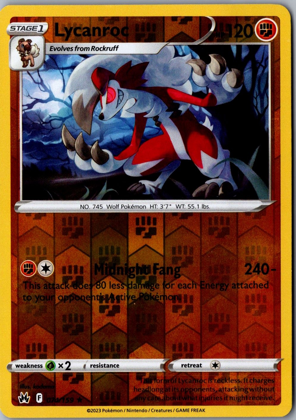 Lycanroc Reverse Holo 074/159 Rare Crown Zenith Lightly Played Pokemon Card