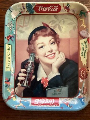 Original 1950’s Coca~Cola Coke Menu Girl Metal Tray Thirst Knows no Season! VTG.