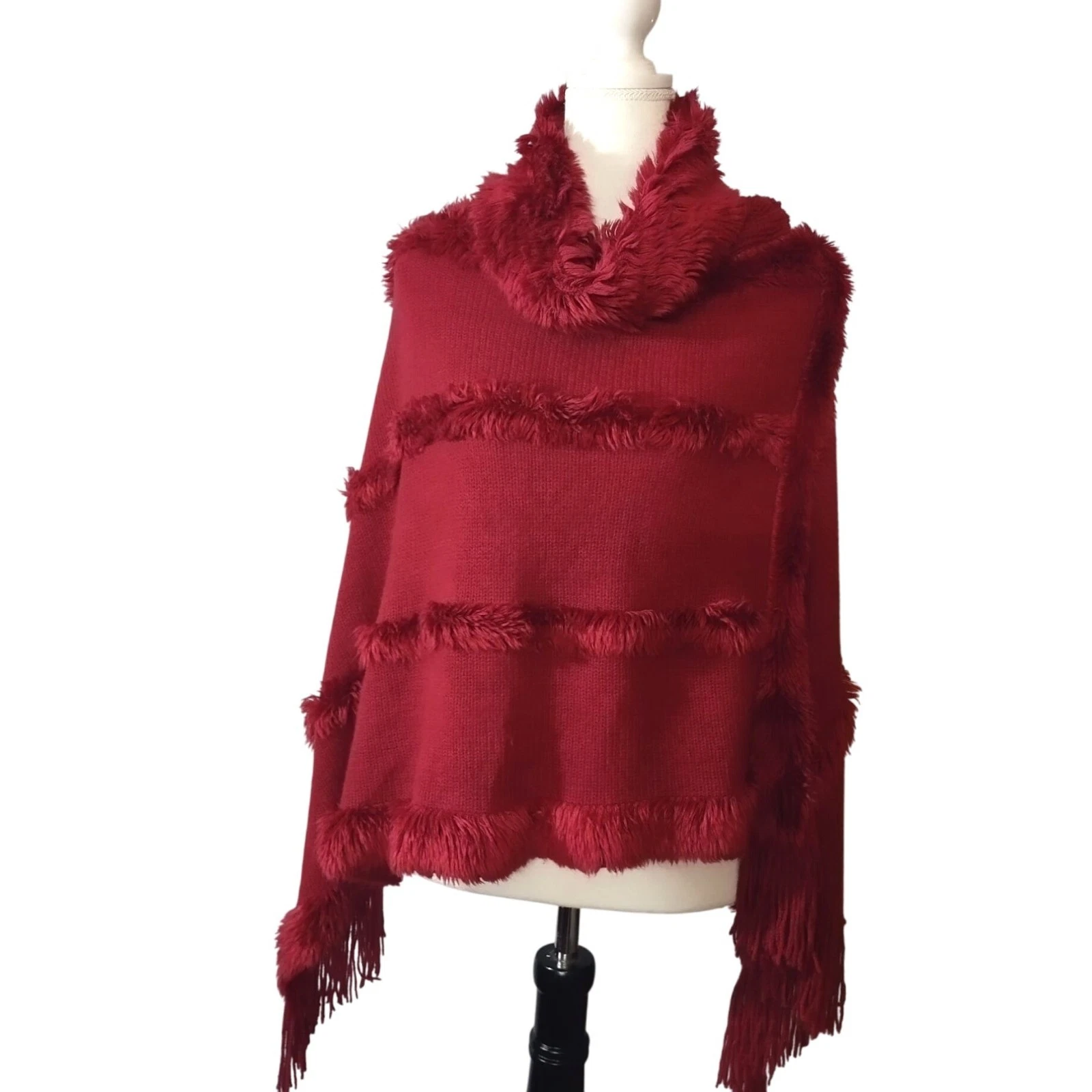Red Knit Poncho With Fringe & Fuzzy Trim Cowl Neck By Mintee 16-ONE SIZE