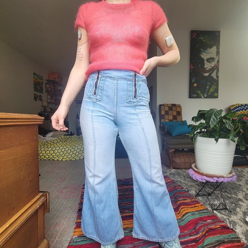 RARE 1960s Wranger Front Bib Zip Denim Flares Light Blue Womens Medium Vintage - Picture 4 of 21