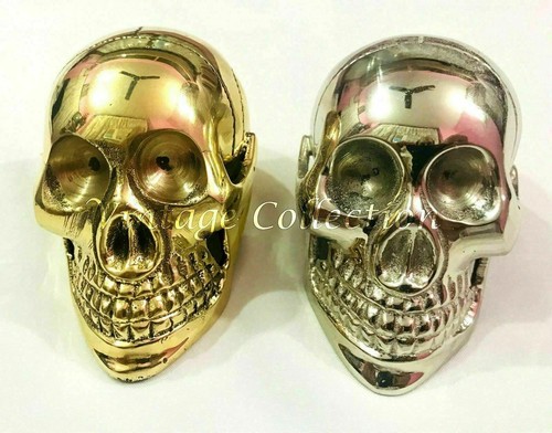 Set Of 2 Solid Brass Design Skull Head Handle For Wooden Stick/Cane Only Handle - Picture 2 of 3