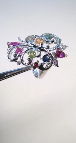FANCY SAPPHIRE & GEMSTONE RING 2.00 CTW sz 7 WHITE GOLD over 925 STERLING SILVER - Picture 3 of 12