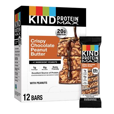 KIND Protein MAX Bars 12 Count Crispy Chocolate Peanut Butter 20g Protein Ket...