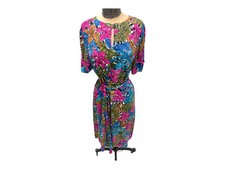 Vintage Brightly Colored Floral Pattern Belted Shift Dress Med