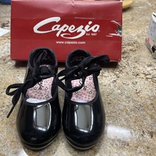 Capezio tap shoes Little Girls szs 10M Black Patent elastic inset ribbon tie