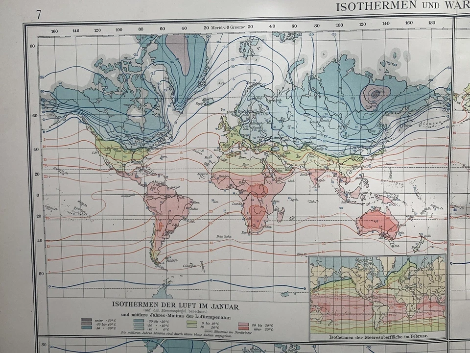 Mapa antiguo original de gráficos isotérmicos mundiales de 1899 de Richard Andree Foto 2 de 4