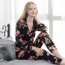 Women 100 Pure Mulberry Print Silk Pajamas Set Pure Silk Shirt Pants Sleepwear