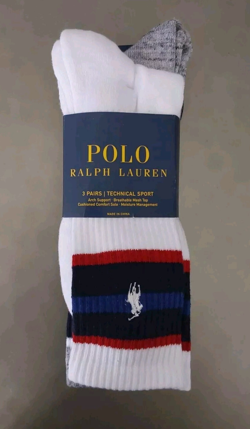 PONY Polo Ralph Lauren Technical Sport Calzini da uomo in cotone bianchi assortiti taglia 10 13