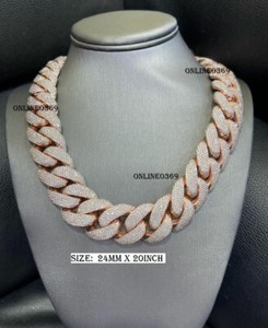 Authentic Real Moissanite Men's 24 x 20" Long Honey Cuban Necklace Rose Gold Plated Silver