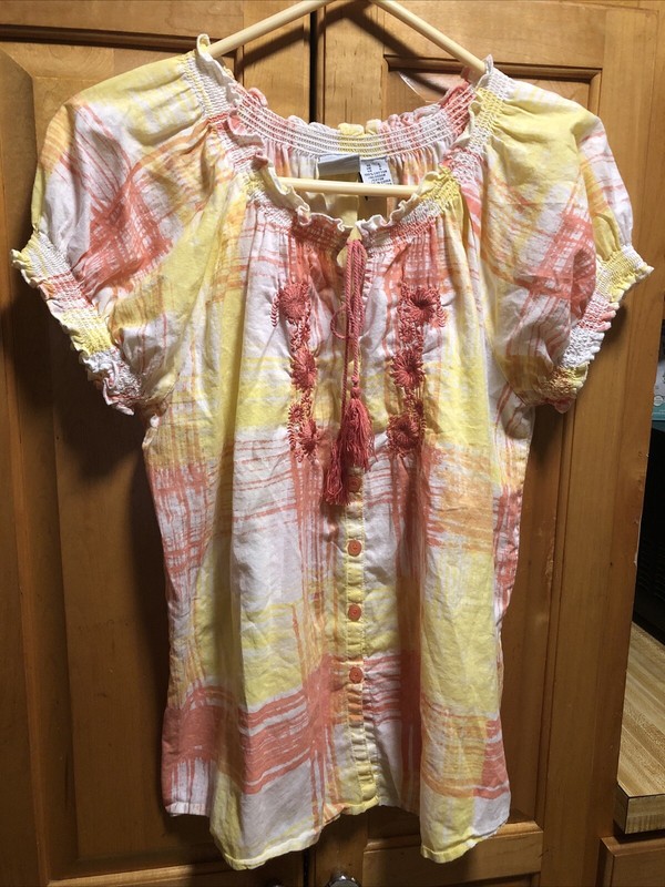 Ladies Caribbean Joe Size Large Yellow & Orange Short Sleeve Blouse