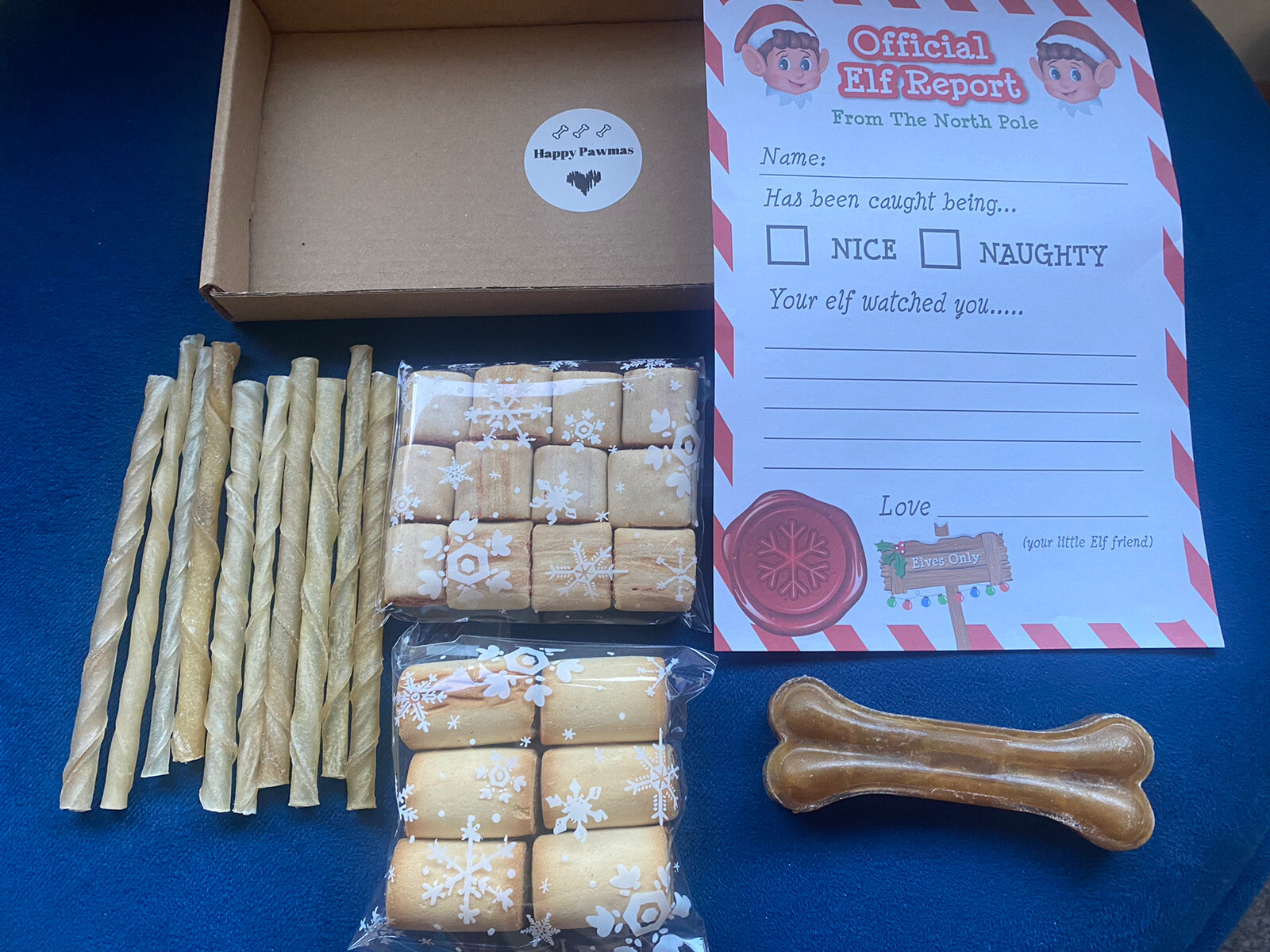 Dog Christmas Gift Treats Hamper Box with Rawhide & Elf Rep. Pet Xmas