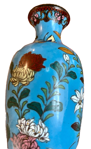 Detailed Antique LT BLUE JAPANESE CHINESE ENAMELED CLOISONNE Copper VASE 4 7/8" - Picture 9 of 11