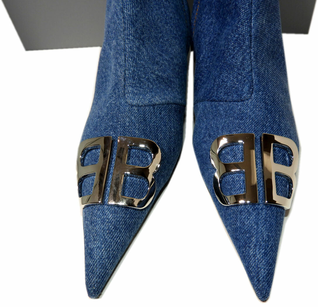 Balenciaga Ankle Boots Pointy Toe Denim BB Silver Logo Booties
