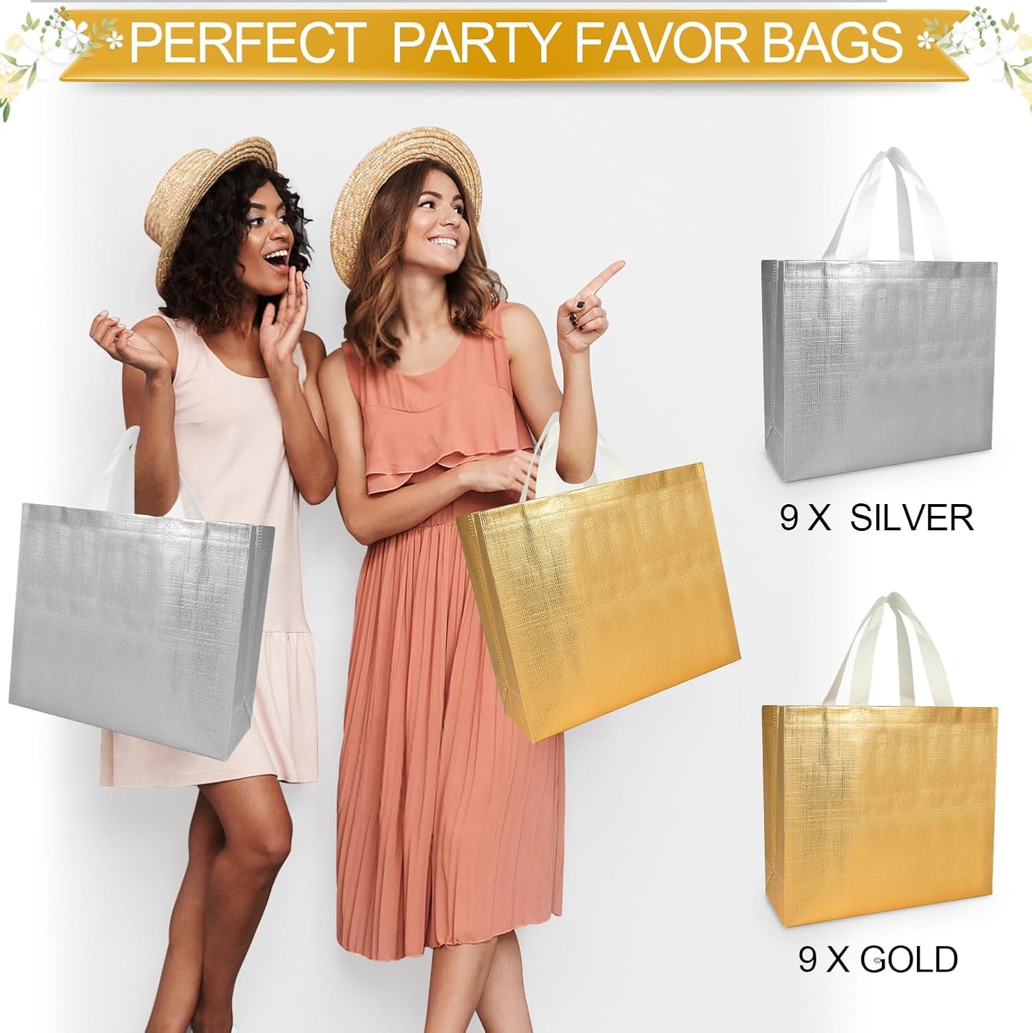 18 Pcs Large Gold & Silver Gift Bags Bulk with Tissues Paper - gold silver 