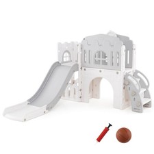 9 in 1 Toddler Slide L Shaped Kids Slide and Climber Playset w/ Basketball Hoop