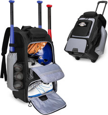 Rolling Baseball Backpack with Wheels Holds 4 Bats Shoe Compartment Fence Hook