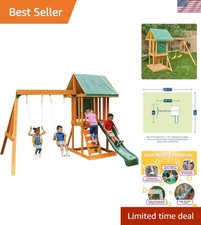 Durable Appleton Wooden Swing Set with Slide, Rock Wall  Chalkboard for Kids