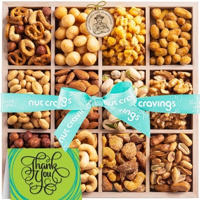 Nut Cravings - Wooden Tray Gift Basket with 12 Nut Variety & Greeting Card (1P)