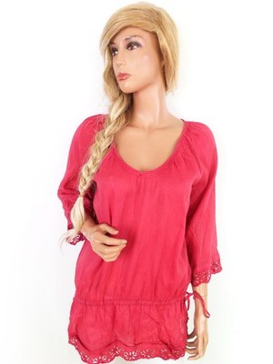 ZARA BASIC Damen Tunika Bluse Gr. S Purpur Ramie 3/4 Ärmel Spitzenstickerei