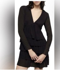 The Kooples Pleated Tiered Chiffon Mini Dress Black Long Sleeve V-Neck Size M