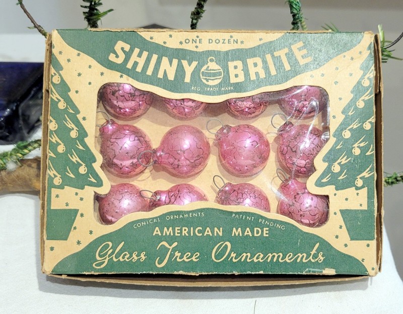 Vintage Box of 12 Shiny Brite Feather Tree 1" Ornaments in the Box. All Pink!