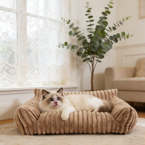 Coffee Pet Sofa Bed for Cats & Small Dogs, Washable Plush Non-Slip